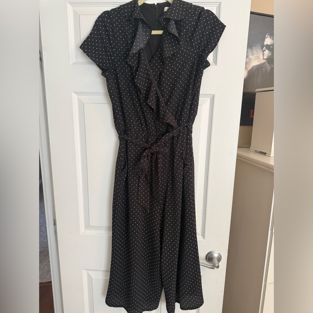 London Times Black Polka Dot Jumpsuit,Cropped Wide Leg,Ruffle Front,Size 12,Tie